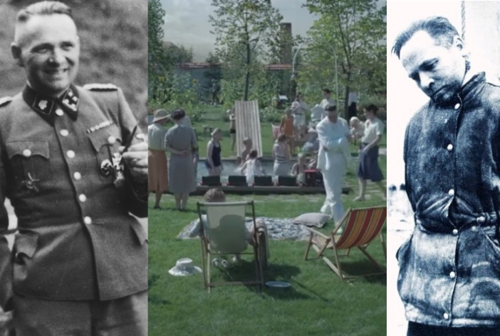 Rudolf Hoss durante la direzione di Auschwitz (Wikipedia), al centro la 'zona di interesse' in cui viveva (dal film), a destra la sua esecuzione per crimini di guerra nel 1947 (Wikipedia)